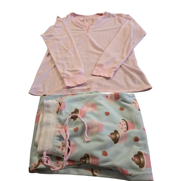 PJ Studio Pink Blue Cupcake Pajama Set Pink Top Drawstring Pants Women size L - Picture 3 of 16